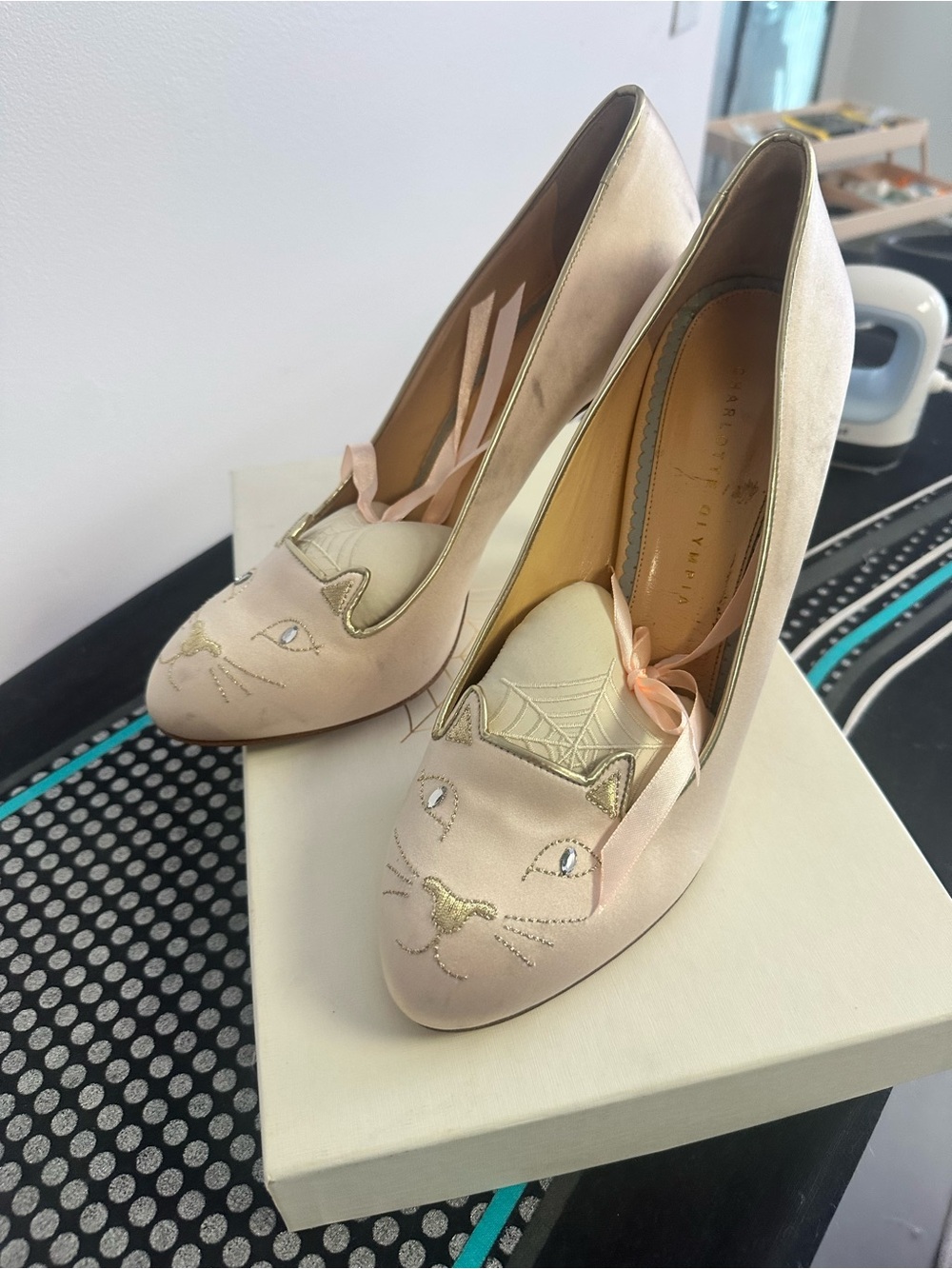 Charlotte Olympia Blush Satin Cat Motif Pumps